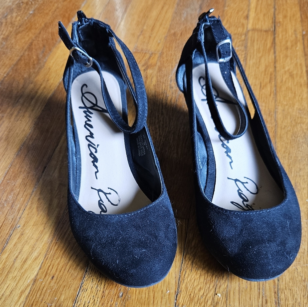 Black Suede American Rag CIE Amiley Women's Ankle Strap Wedges Shoes Size 7M